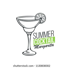 Vector glass of Margarita cocktail with lime slice in hand drawn style. Retro illustration summer alcohol drink.