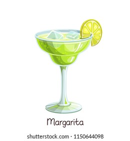 Vector glass of margarita cocktail with lime slice isolated on white. Color illustration summer alcohol drink.