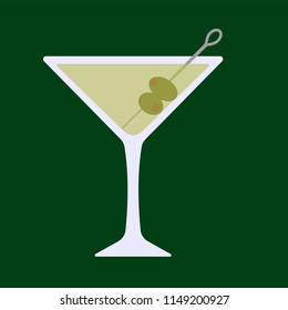 Vector glass of martini with two olives in it on dark green background