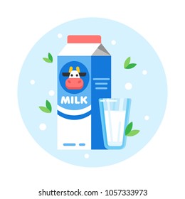 Vector glass of milk with cardboard packaging. Vector flat stock illustration of dairy product.