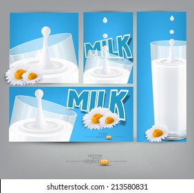 vector glass of milk, daisies  (cards for advertising)