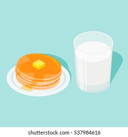 Vector glass milk   hot pancakes  Healthy Breakfast  Isometric 