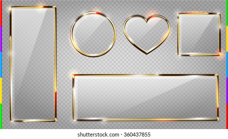 Vector glass modern banner set with shiny golden metallic frame, square, horizontal and vertical rectangle, heart, round. Realistic glossy plate on transparent background