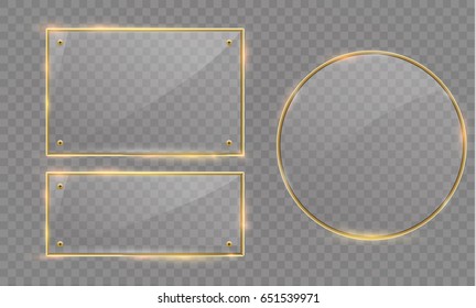 Vector glass modern banner set with shiny golden metallic frame on transparent background