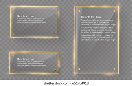 Vector glass modern banner set with shiny golden metallic frame on transparent background
