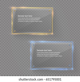 Vector glass modern banner set with shiny golden metallic frame on transparent background