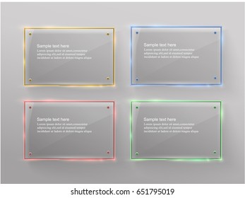 Vector glass modern banner set with shiny golden metallic frame on transparent background