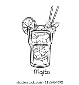 Vector glass of mojito cocktail with mint leaves in retro hand drawn style. Retro illustration summer alcohol drink.