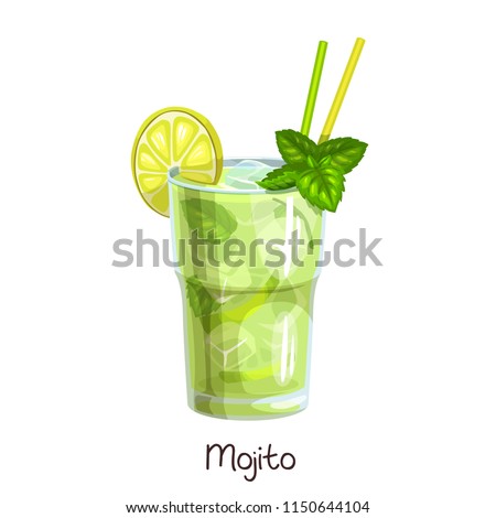 Vector glass of mojito cocktail with slice lemon and mint leaves isolated on white. Color illustration summer alcohol drink.