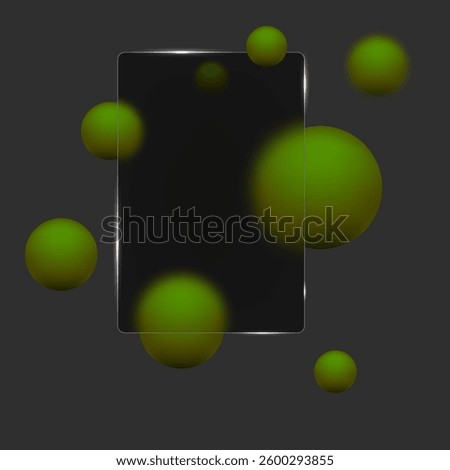 Vector glass morphism. Space for text, banner. Transparency effect. Place for awesome title. Glass morphism frame. Set of green spheres.