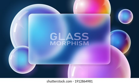 Vector. Glass morphism style. Bright colorful volumetric balls under a transparent frosted glass card. Blur effect. Modern trendy design. Template for advertising and typography.