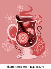 Vector glass of mulled wine with spices oranges and apples. Warm drink for cold winter weather. Hot tasty beverage