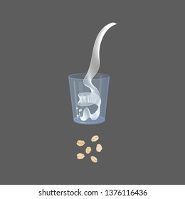 Vector glass of oat milk with flakes. Vegan alternative organic milk splash pour in glass. Non dairy drink. Isolated transparent illustration. Healthy food, diet and nutrition concept