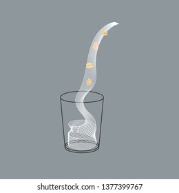 Vector glass of oat milk with flakes. Vegan alternative organic milk splash pour in glass. Non dairy drink. Isolated transparent illustration. Healthy food, diet and nutrition concept