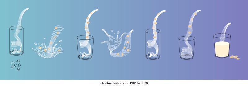 Vector glass of oat milk with flakes. Vegan alternative organic milk splash pour in glass. Non dairy drink. Isolated transparent illustration. Healthy food, diet and nutrition concept