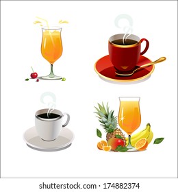 Vector glass of orange juice, a cup of tea and coffee and fruit on white background