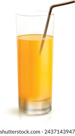 Vector Glass with orange juice with drinking straw isolated on white Background