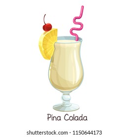 Vector glass of pina colada cocktail with slice pineapple and cherry isolated on white. Color illustration summer alcohol drink.