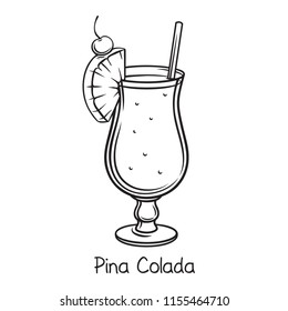 Vector glass of pina colada cocktail with slice pineapple and cherryin retro hand drawn style. Outline  illustration summer alcohol drink