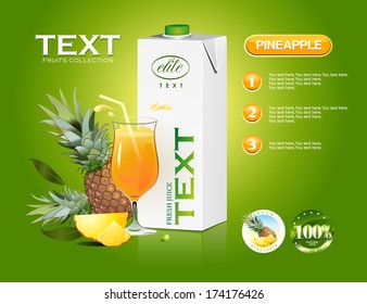 Vector glass of pineapple juice and juice packaging. Fruit icons 
