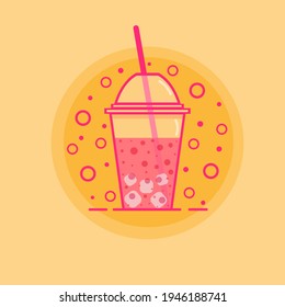 Vector glass of pink juice with ice cubes in plastic cup juice straw isolated on orange background. Summer fresh drink. Cartoon style vector illustration.