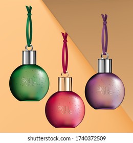 Vector Glass or Plastic Seasonal Transparent Bauble Bottle Body Wash, Shampoo or Conditioner Packaging. Purple, Green & Red.