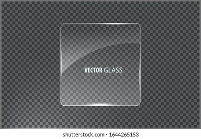 VECTOR Glass plate on transparent background. Acrylic and glass texture with glares and light. Realistic transparent glass window in rectangle frame. 