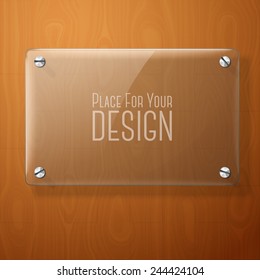 Vector glass plate for your signs, on wooden background.