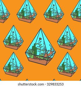 Vector glass polygonal terrarium  with succulent plants, grass and flowers, doodle sketch garden under glass seamless pattern