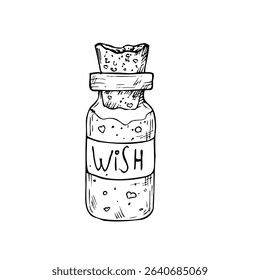 Vector Glass potion bottle with cork. Hand painted linear wizard halloween illustration. Graphic magic monochrome sketch isolated on background. For designers, prints, logo, icon, menu, postcards