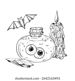 Vetor garrafa de poção de vidro com cortiça e olhos. Mão pintado assistente linear ilustração halloween. Esboço monocromático mágico gráfico isolado no fundo. Para designers, impressões, logotipo, ícone, menu