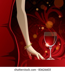Vector glass of red wine and woman's hand with gold bangles