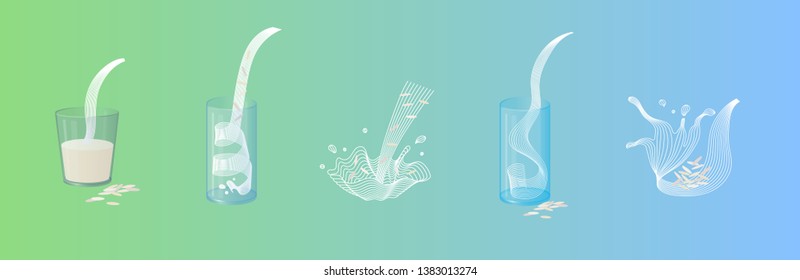 Vector glass of rice milk with nuts. Vegan alternative organic milk splash pour in glass. Non dairy drink. Isolated transparent illustration. Healthy food, diet and nutrition concept