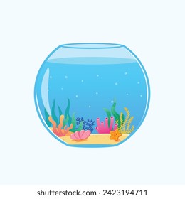Vector glass round aquarium for fish, algae and sand vector illustration svg
