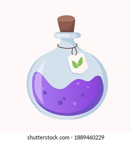 Vector Glass Round Bottle with Liquid Purple Magic Potion. Halloween Cartoon Flask with Esoteric Elixir. Isolated on White Background.