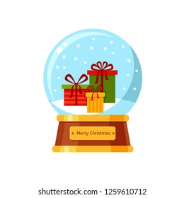 Vector glass snowball with gift boxes inside and snowflakes falling. Magic winter illustration with presents. Cartoon christmas card