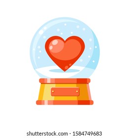 Vector glass snowball with a heart inside and snowflakes falling. Magic winter love illustration with presents. Cartoon christmas card