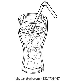 Vector glass of soda with straw. Hand drawn illustrations. Vintage drink sketch for restaurant or cafe drink menu.