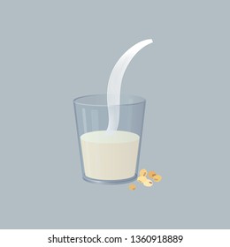 Vector glass of soy milk with soybeans. Vegan alternative organic milk splash pour in glass and grains. Non dairy drink. Isolated transparent illustration. Healthy food, diet and nutrition concept