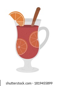 Vector glass with spiced mulled wine, orange slices and cinnamon. Winter traditional alcohol drink illustration. Holiday hot beverage icon isolated on white background.
