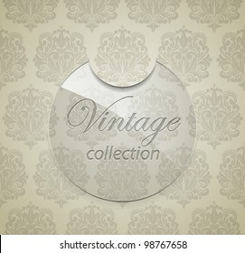 Vector glass sticker on seamless damask pattern background.