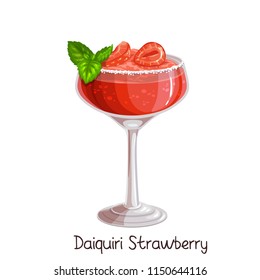 Vector glass of strawberry daiquiri cocktail with strawberries and mint leaves isolated on white. Color illustration summer alcohol drink.