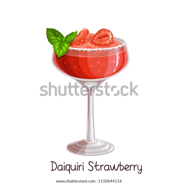 Vector glass of strawberry daiquiri cocktail with\
strawberries and mint leaves isolated on white. Color illustration\
summer alcohol drink.