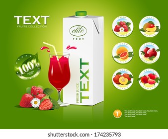 Vector glass of strawberry juice and juice packaging. Vector fruits icon