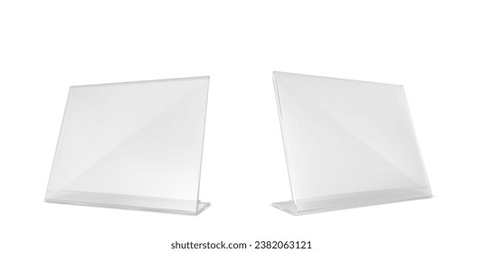 Vector Glass table tent, card holder isolated on white background. Vector empty glass stand display. Transparent plastic, plexiglass or plexiglass price tag or restaurant menu mockup.