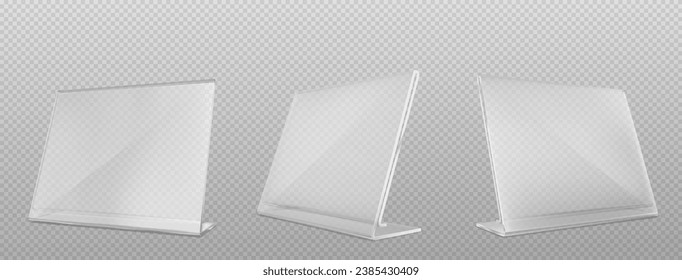 Tienda de mesa Vector de vidrio, soporte de tarjeta aislado en fondo transparente. Pantalla de soporte de vidrio vacío vectorial. Etiqueta de precio de plástico transparente, plexiglás o plexiglás o maquillaje del menú del restaurante.