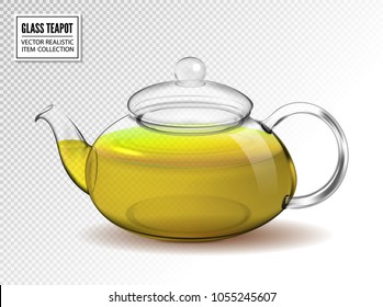 Vector glass teapot with green tea isolated on transparent background. Realistic 3d vector.
