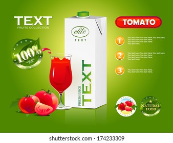 Vector glass of tomato juice and juice packaging. Vegetables icons