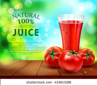 vector with a glass of tomato juice, tomatos standing on a wooden table on the background of the sky and green foliage