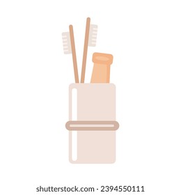 Vector glass with toothbrushes and toothpaste isolated on white background. Elements for the bathroom. Oral hygiene.